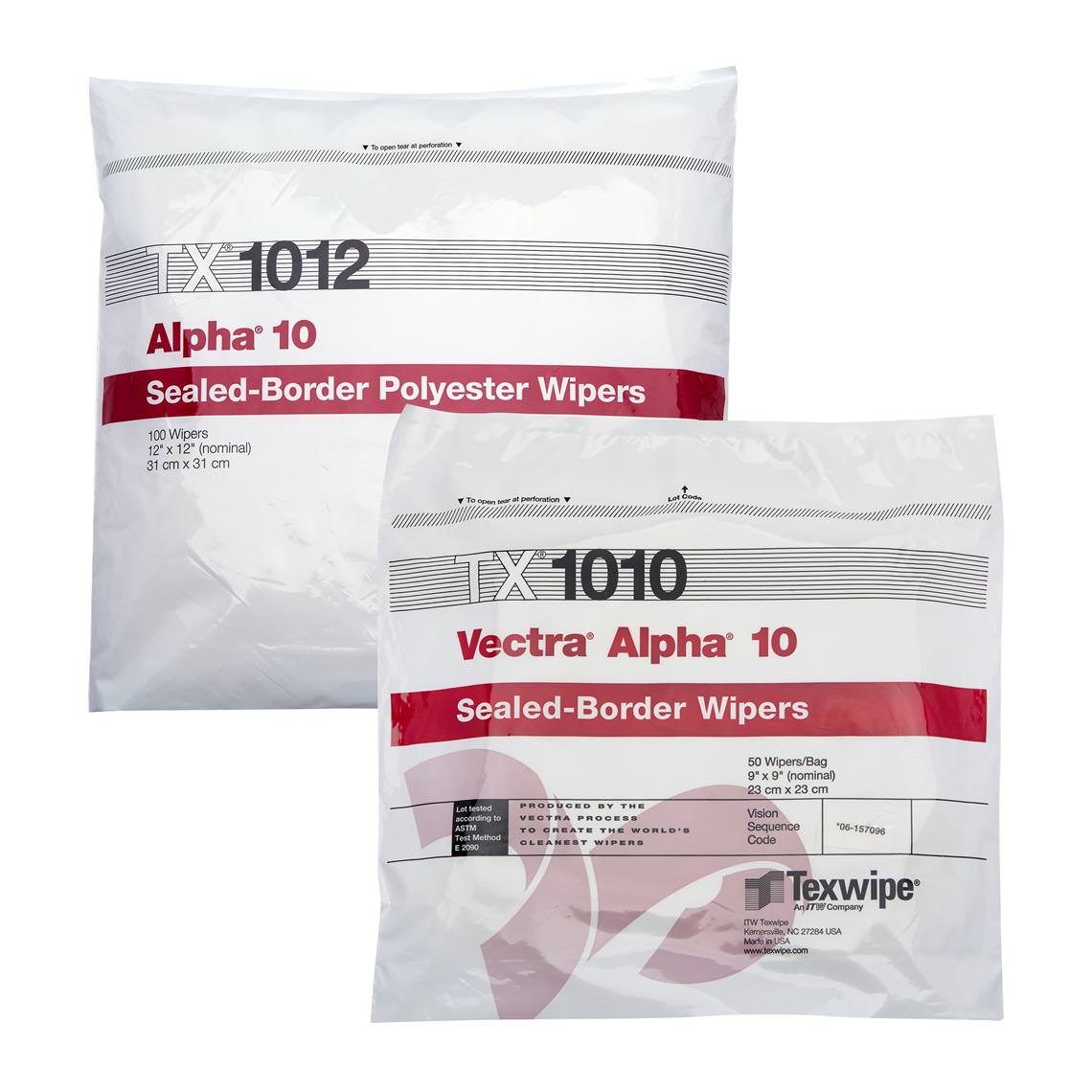 Bag of Texwipe TX1012 Alpha 10 Sealed-Border Polyester Wipers 100/bag 12" X 12" (nominal) 31 cm x 31 cm. Bag of Texwipe TX1010 Vectra Alpha 10 Sealed-Border Wipers 50/Bag 9" X 9" (nominal) 23 cm x 23 cm. Lot tested according to ASTM Test Method E 2090. Produced by the Vectra Process to create the world's cleanest wipers. Vision Sequence Code.ITW Texwipe Made in USA. www.texwipe.com