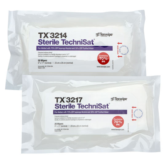 Bag of Texwipe TX3214 50 Wipers, and TX3217 20 Wipers. Sterile TechniSat. Pre-wetted with 70% USP Isopropyl Alcohol and 30% USP Purified Water. 9" x 11" (nominal), 23 cm x 28 cm (nominal). Made in USA.
