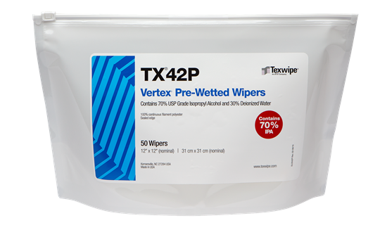 Vertex® TX42P Pre-Wetted Cleanroom Wipers, Non-Sterile